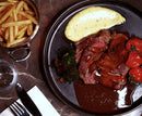 Menyförslag 1: Förrätt: Gambas al ajillo / Varmrätt: Klassisk steak minute